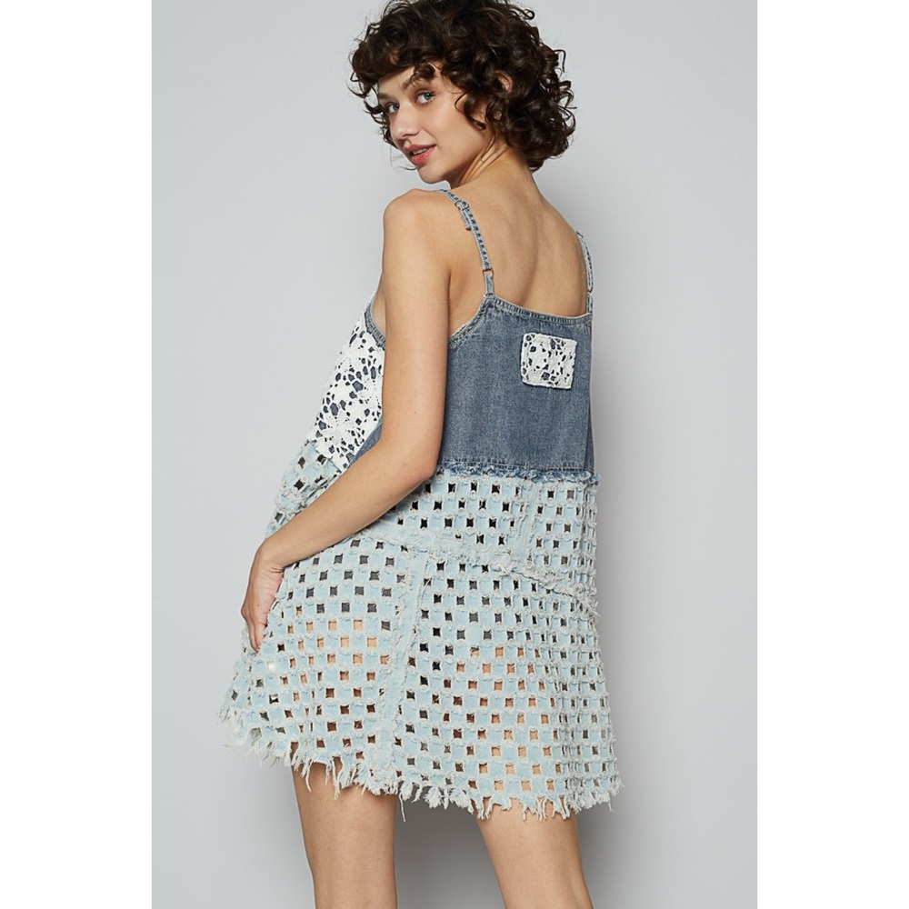 POL Convertible Denim Top Dress | Lace Overlay Boho Western - Picture 5 of 10
